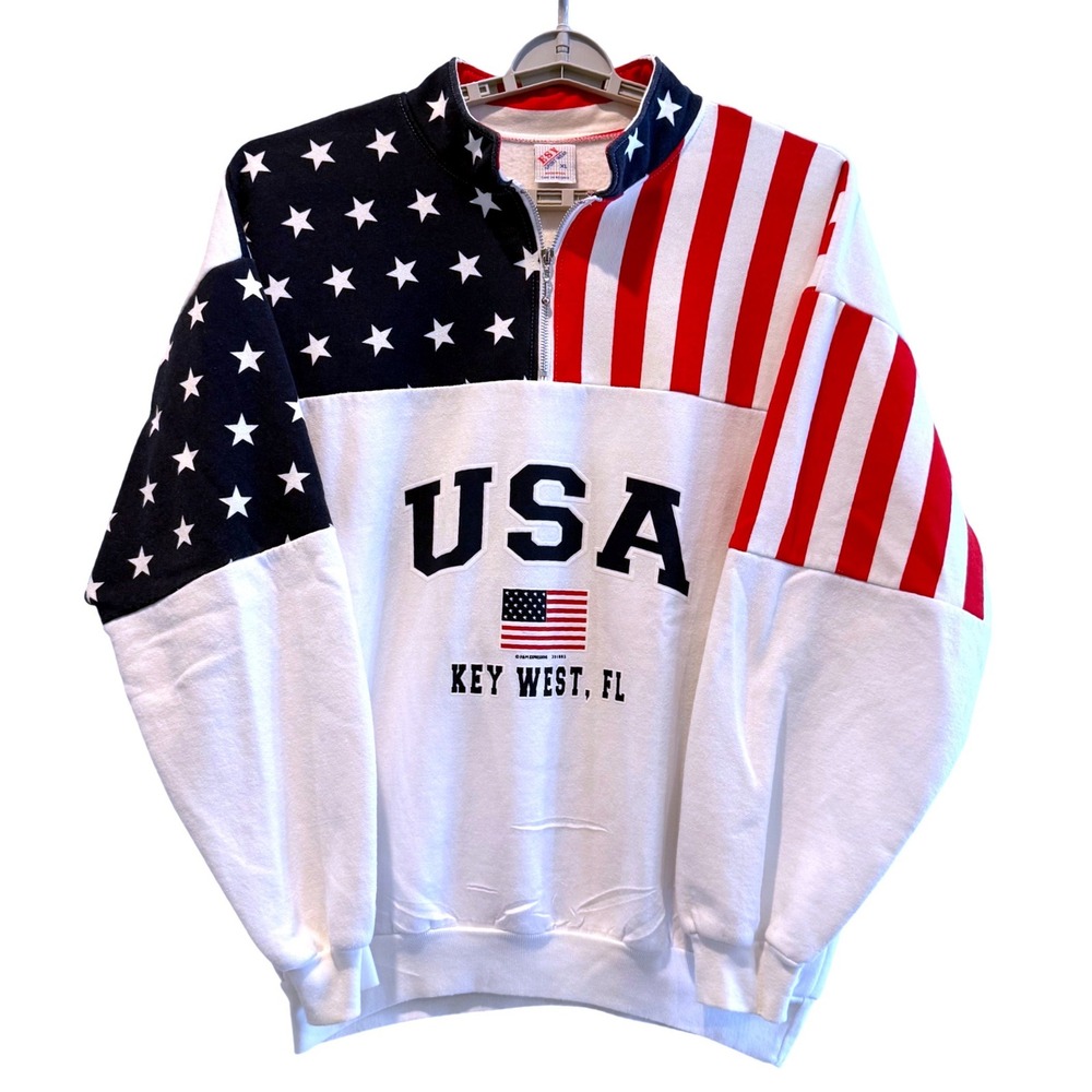 Vintage ESY Sportswear USA Key West FL Quarter Zip Sweatshirt XL American Flag‎